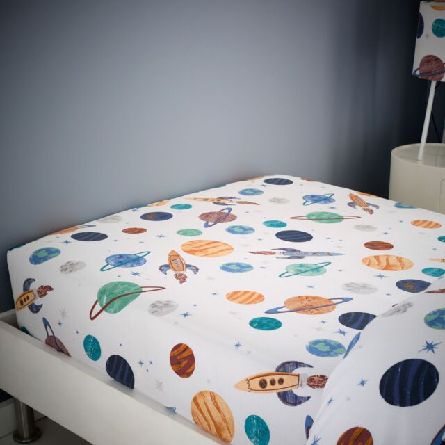 Happy Linen Company Fitted Sheet For Cosmic Planets Bedding Bed Linen in White - Size: Toddler - image 1