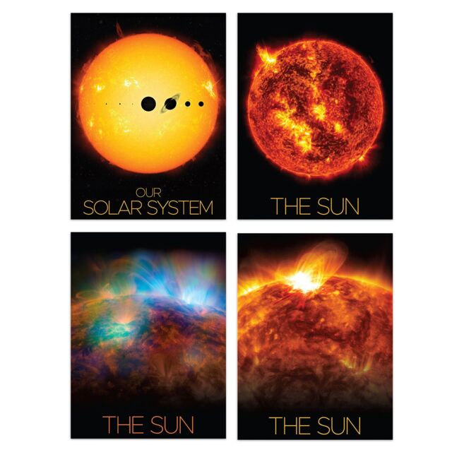 Artery8 Pack of 4 NASA Our Solar System The Sun & Planets Size Comparison Solar Flares & X-Ray Image Unframed Wall Art Living Room Prints Set - image 1