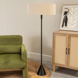 ValueLights Mitch Natural Linen Squat Lamp Shade Wooden Single Triangle Floor Lamp in Black - thumbnail 3