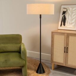 ValueLights Mitch Natural Linen Squat Lamp Shade Wooden Single Triangle Floor Lamp in Black