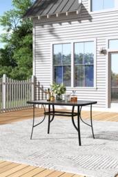 H&O Direct Rectangle Tempered Glass Outdoor Coffee Table with Parasol Hole in Black - thumbnail 1
