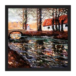 "Artery8 Wall Art Print Lawson River Landscape Bridge House Painting Square Framed Picture 16X16 Inch in Black - Size: W16"" x H16""" - thumbnail 1
