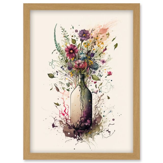 Artery8 Spring Wildflower Floral Bouquet in a Wine Bottle Artwork Framed Wall Art Print A4 in Light Oak - image 1