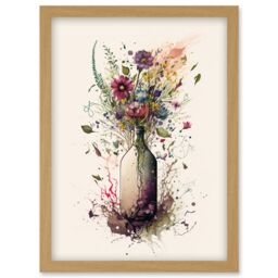 Artery8 Spring Wildflower Floral Bouquet in a Wine Bottle Artwork Framed Wall Art Print A4 in Light Oak - thumbnail 1