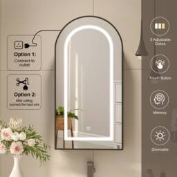KEEPREAPER Arched Black LED Bathroom Mirror Cabinet 40x80 Shaver Socket 2 Shelves - thumbnail 2