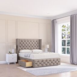 "Sloomy Luthor Plush Wingback Bed Set, 2 Drawers & 54"" Floor Standing Headboard in Stone - Size: Super King" - thumbnail 1