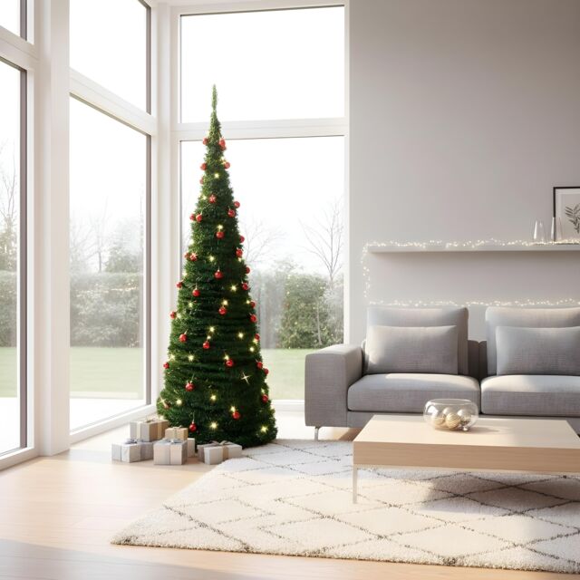 Shatchi 5Ft Prelit Pop up Christmas Tree with Red Baubles & Battery Operated LED Warm White Lights in Green - image 1