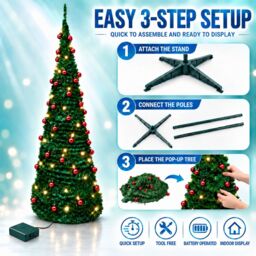 Shatchi 5Ft Prelit Pop up Christmas Tree with Red Baubles & Battery Operated LED Warm White Lights - thumbnail 3