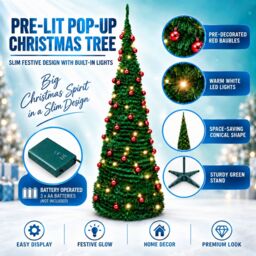 Shatchi 5Ft Prelit Pop up Christmas Tree with Red Baubles & Battery Operated LED Warm White Lights - thumbnail 2