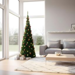 Shatchi 5Ft Prelit Pop up Christmas Tree with Red Baubles & Battery Operated LED Warm White Lights in Green