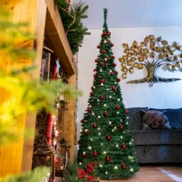 Shatchi 5Ft Prelit Pop up Christmas Tree with Red Baubles & Battery Operated LED Warm White Lights in Green - thumbnail 3