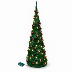 Shatchi 5Ft Prelit Pop up Christmas Tree with Red Baubles & Battery Operated LED Warm White Lights