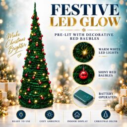 Shatchi 5Ft Prelit Pop up Christmas Tree with Red Baubles & Battery Operated LED Warm White Lights - thumbnail 5