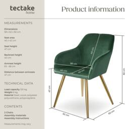 tectake Accent Chair Marilyn Set Of 2 - Dark Green/Gold in Dark Green - Size: 2 Pack - thumbnail 6