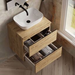 Banyetti Vatilla 600mm Wall Hung Vanity Unit with Matching Worktop - Ostippo Oak in Light Oak - thumbnail 4
