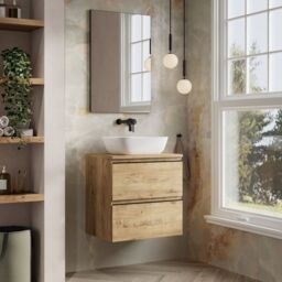 Banyetti Vatilla 600mm Wall Hung Vanity Unit with Matching Worktop - Ostippo Oak in Light Oak