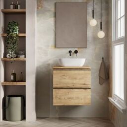 Banyetti Vatilla 600mm Wall Hung Vanity Unit with Matching Worktop - Ostippo Oak in Light Oak - thumbnail 2
