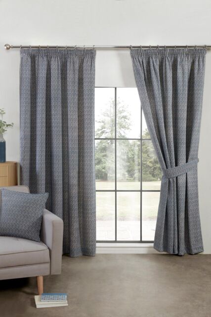 Sundour Aztec Pencil Pleat Fully Lined Ready Made Taped Top Curtain Pair in Navy - Size: 168 cm width x 183 cm drop - image 1