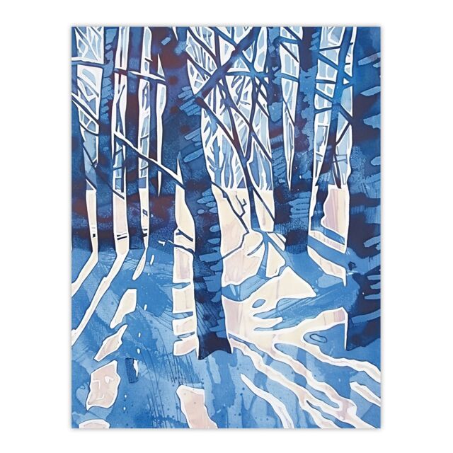 "Artery8 Blue Winter Birch Forest Trees Snow Shadow Wall Art Print - Size: W24"" x H32""" - image 1