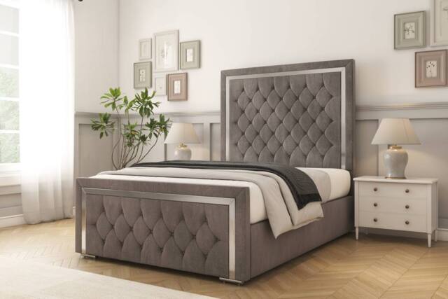 "Comfort Beds Sofia Chrome Naples Bed Frame With Mattress-50"" Upholstered in Grey - Size: Double" - image 1