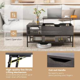 Costway Lift Top Coffee Table Living Room Center Table W/ Removable Shelf in Grey - thumbnail 6