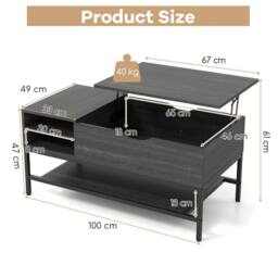 Costway Lift Top Coffee Table Living Room Center Table W/ Removable Shelf in Grey - thumbnail 3