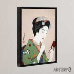 "Artery8 Woman Applying Rouge Lipstick Framed Canvas Wall Art Print Hashiguchi in Green - Size: W12"" x H16""" - thumbnail 2