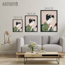 "Artery8 Woman Applying Rouge Lipstick Framed Canvas Wall Art Print Hashiguchi in Green - Size: W12"" x H16""" - thumbnail 4