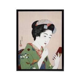 "Artery8 Woman Applying Rouge Lipstick Framed Canvas Wall Art Print Hashiguchi in Green - Size: W12"" x H16""" - thumbnail 1