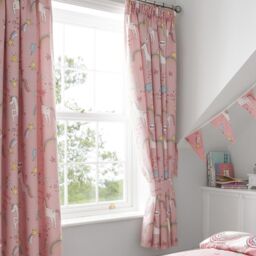 Happy Linen Company Kids Unicorns Rainbows Pink Fully Lined Pencil Pleat Curtain Set - Size: 167 cm width x 183 cm drop