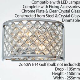Loops 2 PACK Crystal Cage Wall Light Chrome Glass Shade Modern Twin Bulb Lounge Lamp in Clear - thumbnail 3