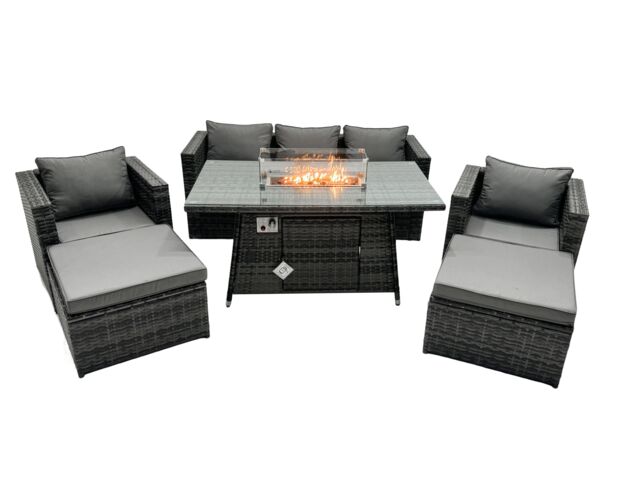 Fimous Rattan Garden Furniture Firepit Dining Set 7 Seater Lounge Sofa Table Set with 2 big Footstool in Dark Grey - image 1
