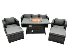 Fimous Rattan Garden Furniture Firepit Dining Set 7 Seater Lounge Sofa Table Set with 2 big Footstool in Dark Grey - thumbnail 1