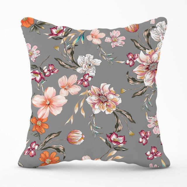 Warren Reed - Designer Peony, Lily, Tulip, Daisy Colorful On Grey Background Outdoor Cushion - Size: 45 cm x 45 cm - image 1