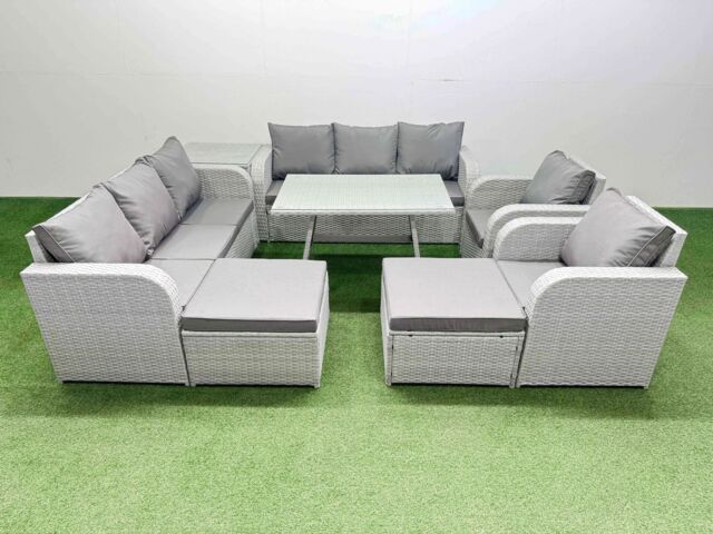 Fimous Rattan High Back Lounge Sofa Set with Reclining Chairs in Light Grey - image 1