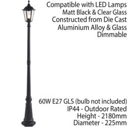 Loops Outdoor Post Lantern Bollard Light Matt Black & Glass 2180mm Tall Garden Lamp - thumbnail 2