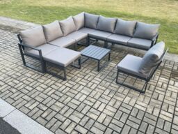 Fimous 9 Seater Patio Outdoor Garden Furniture Aluminium Lounge Corner Sofa Set with Square Coffee Table Big Footstool Dark Grey - thumbnail 1