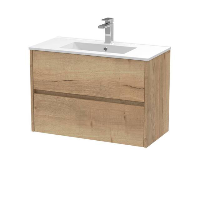 Balterley Chartley 2 Drawer Wall Hung Vanity Basin Unit, Autumn Oak, 800mm in Brown