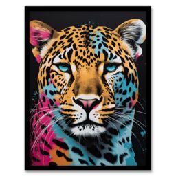 Artery8 Leopard Lounge By Fiona Bryant Cat Head Pop Art Pink Blue Modern Artwork Framed Wall Art Print A4 in Black - thumbnail 1