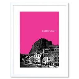 "Artery8 Wall Art Print Grassmarket Edinburgh Scotland Scottish Landmark Pink Framed Art in White - Size: W7"" x H9""" - thumbnail 1