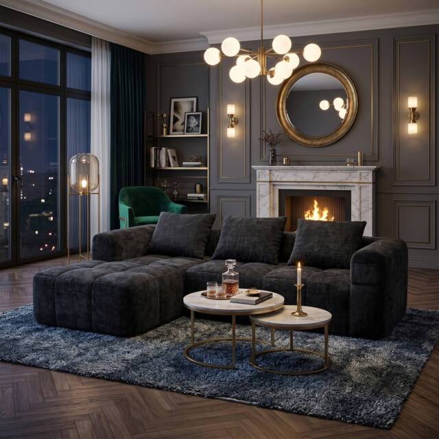 FENCHILIN Modular Sectional L‑Shaped Sofa Couch Chenille with Side Pockets in Black - image 1