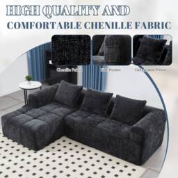 FENCHILIN Modular Sectional L‑Shaped Sofa Couch Chenille with Side Pockets in Black - thumbnail 3