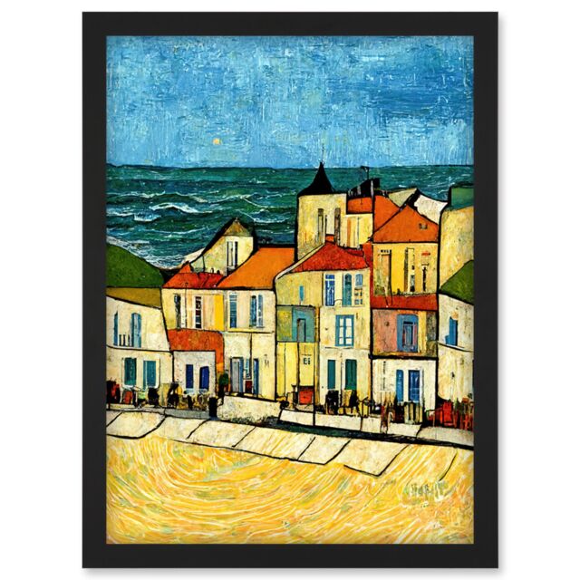 Artery8 Spain Costa Brava Seaside Van Gogh Style Modern Artwork Framed Wall Art Print A4 in Black - image 1