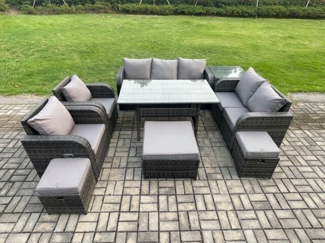 Fimous 10 Seater Garden Rattan Furniture Dining Table Sofa Set Indoor Outdoor with 2 Reclining Chairs Side Table 3 Footstools Dark Grey Mixed - image 1