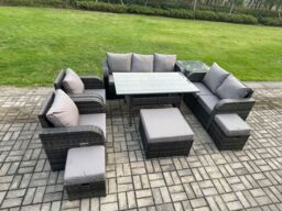 Fimous 10 Seater Garden Rattan Furniture Dining Table Sofa Set Indoor Outdoor with 2 Reclining Chairs Side Table 3 Footstools Dark Grey Mixed - thumbnail 2