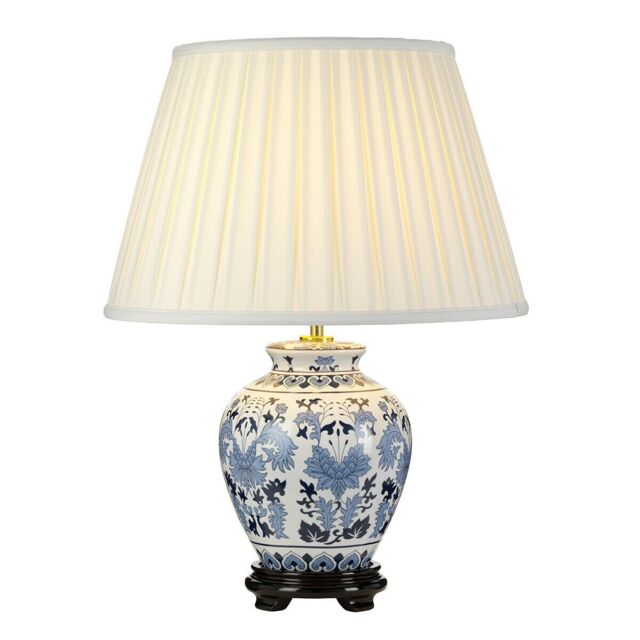 Loops Table Lamp Wooden Base Ivory Box Pleat Shade Blue/White LED E27 60w in White - image 1
