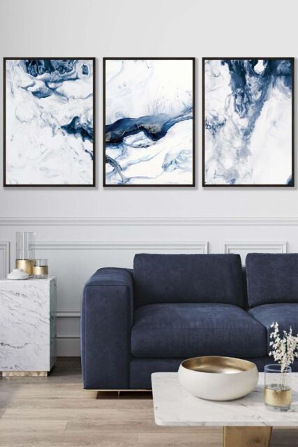 ARTZE Navy Blue Abstract Ocean Waves Framed Wall Art - Large in Black - Size: W53 cm x H73 cm x D20mm - image 1
