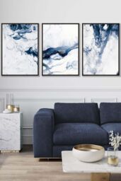 ARTZE Navy Blue Abstract Ocean Waves Framed Wall Art - Large in Black - Size: W53 cm x H73 cm x D20mm - thumbnail 1