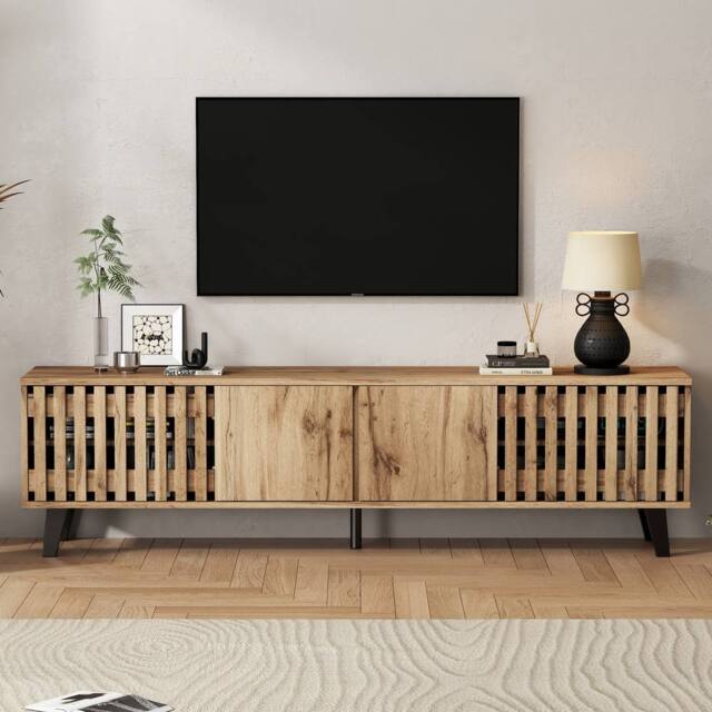 Rolipo 180cm Natural Wood TV Stand for 70 Inch TV with 4 Doors in Brown - image 1