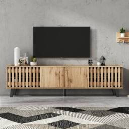 Rolipo 180cm Natural Wood TV Stand for 70 Inch TV with 4 Doors in Brown - thumbnail 7